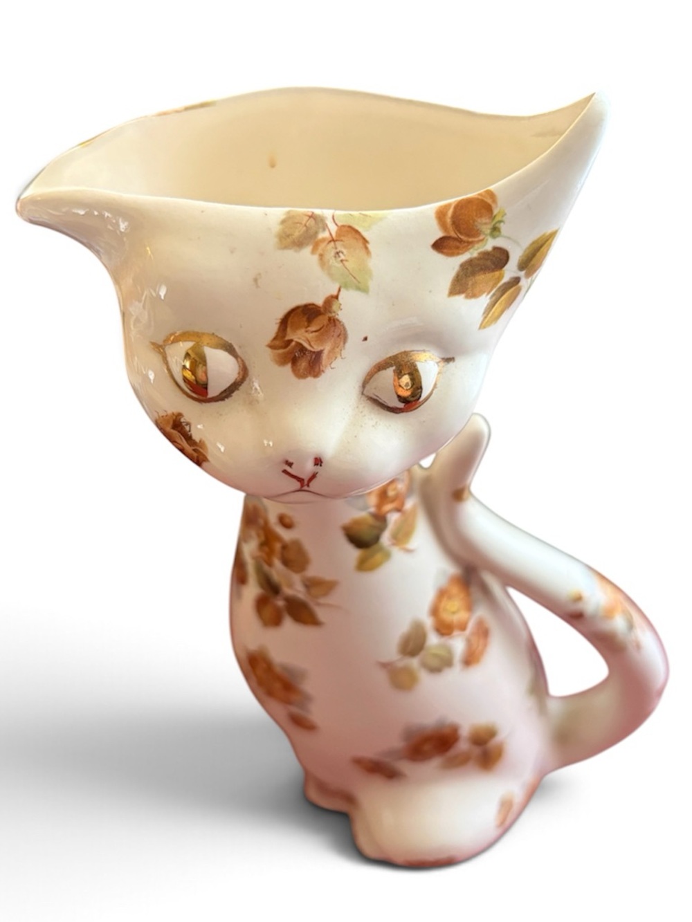 Vintage Source Unknown Floral Cat Creamer Pitcher - White and Gold